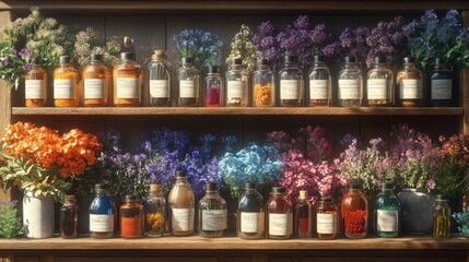 A shelf filled with colorful jars and flowers for herbal remedies.