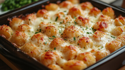 Delicious cheesy tater tot casserole with green peas, freshly baked, served in a warm, inviting kitchen setting during dinner time.