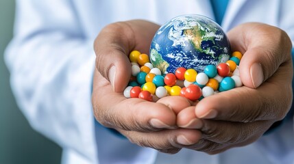 Hands Holding a Small Globe Surrounded by Colorful Molecules Representing Global Health and Science in a Laboratory Setting