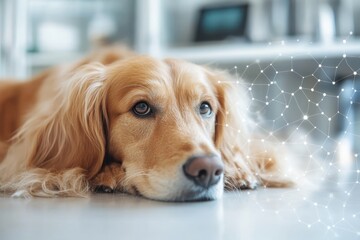 Golden retriever relaxing indoors with a futuristic digital connectivity effect