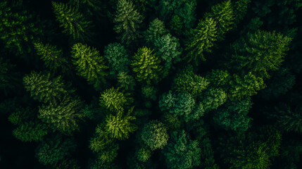 Aerial top view of lush green trees in a dense forest canopy. Drone footage capturing the natural carbon sink of vibrant foliage, illustrating CO2 absorption.