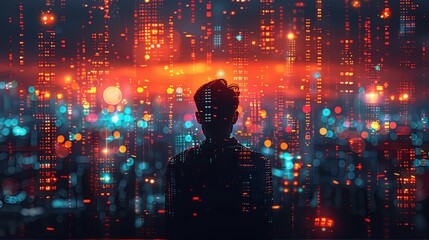 Fototapeta premium A tech professional sits in front of a computer displaying a digital representation of blockchain technology, with interconnected blocks of data lighting up across the screen