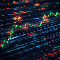 Obraz premium A dynamic stock market graph with fluctuating lines, representing financial growth and decline, glowing in vibrant colors like green, red, and blue. The graph features candlesticks and trend lines.