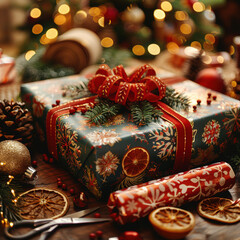 Christmas gift wrapping, close-up	