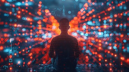 A tech professional sits in front of a computer displaying a digital representation of blockchain technology, with interconnected blocks of data lighting up across the screen