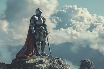 Fototapeta premium A fantastic royal knight in armor guards the castle chambers