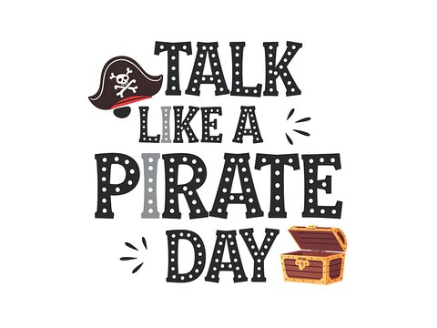 Pirate-Themed Text Graphic with Treasure Chest and Hat