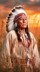 Fototapeta premium Elderly Native American Chief Standing in a Sagebrush Field at Sunset