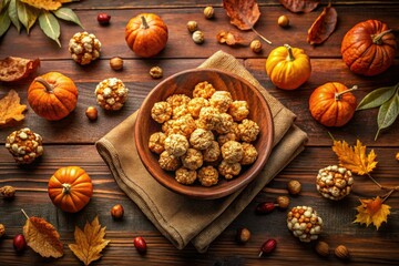 Fototapeta premium Rustic Autumn Snack Spread with Puffed Treats and Seasonal Decor for Cozy Fall Vibes