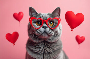 Cat for Valentine's Day. Adorable cute gray cat in red heart-shaped glasses looking at camera on pink background with red heart-shaped balloons. Valentine's Day cat card.