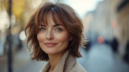 Obraz premium portrait of a stylish French woman 40-50 years old with a bob haircut, background on the street in the city. beautiful woman 40 years old, copy space
