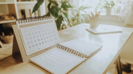 Fototapeta premium A cozy workspace featuring two spiral-bound calendars on a wooden desk.