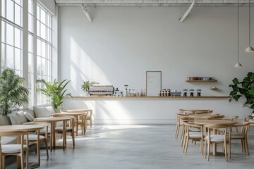Modern cafe interior with large windows, minimalist furniture, and a warm ambiance in the daytime