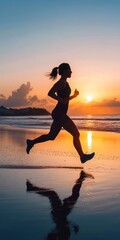 Fototapeta premium Silhouette of a Woman Running on the Beach at Sunrise