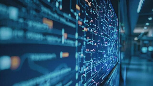 Advanced data analysis with this close-up of a futuristic digital interface displaying various icons, graphs, and data visualizations in a sleek blue design. Perfect for tech and cybersecurity themes.