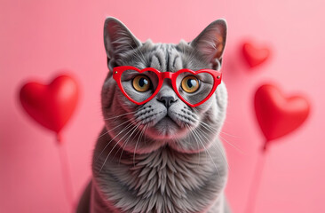 Cat for Valentine's Day. Adorable cute gray cat in red heart-shaped glasses looking at camera on pink background with red heart-shaped balloons. Valentine's Day cat card.