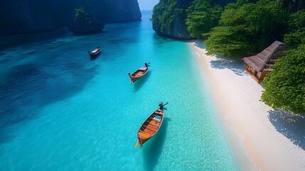 A beautiful blue ocean with a few boats floating on it