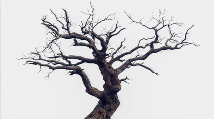Fototapeta premium Ancient gnarled dead tree with twisted branches, eerie and leafless, isolated on a white background.
