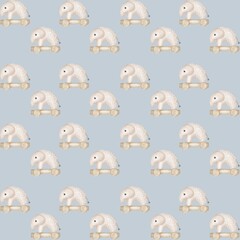 Cute pattern of toy sheep on wheels against a light blue background in playful design