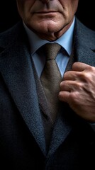 Man in a tailored suit poses confidently against a dark background in a stylish indoor setting