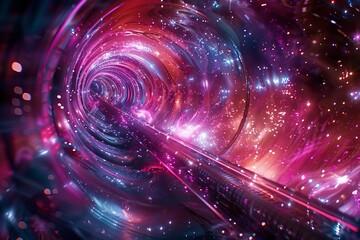 3D Rendering of an Irregular Hyperspace Tunnel Emitting Energy and Light with Bright Stars and Futuristic Space Concept