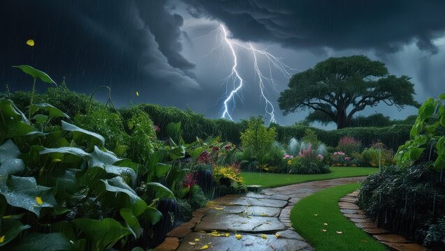 A dramatic and intense thunderstorm sweeps across a lush, vibrant garden, with dark grey clouds menacingly overshadowing the delicate petals and leaves. Electric blue lightning illuminates the sky, ca