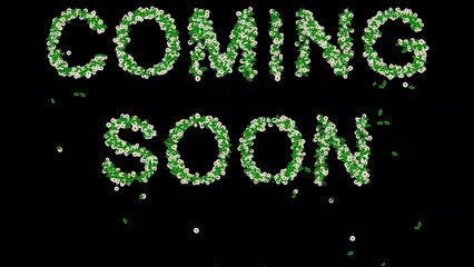 Beautiful illustration of Coming Soon text with green leaves and white daisy flowers on plain black background