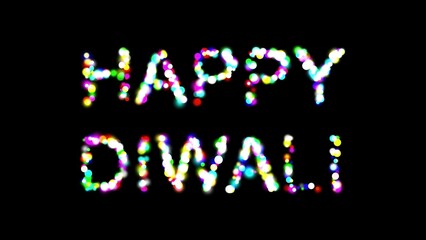 Beautiful illustration of Happy Diwali text with colorful bokeh lights on plain black background