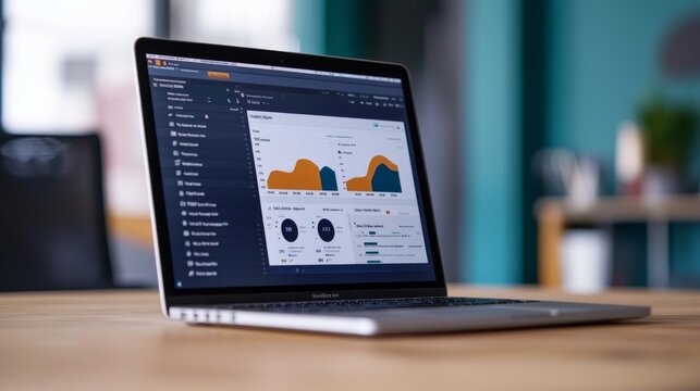 A laptop displaying data analytics on a wooden desk in a modern office setting.