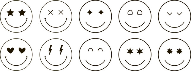 Flat y2k groovy line trendy smiley faces with stars, hearts, lightning 
