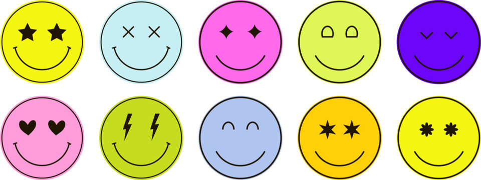 Naklejki Colorful y2k groovy smiley faces with stars, hearts, lightning   