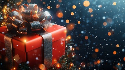 Boxing Day sale banner featuring a massive, festive gift box wrapped in sparkling paper, with an oversized ribbon, attracting customers to holiday bargains