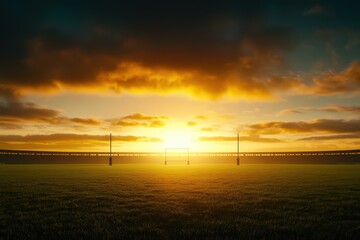 Fototapeta premium Sunset over a rugby field with goal posts silhouetted against a colorful sky