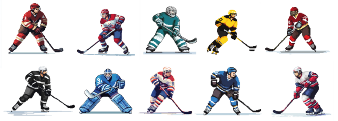 set collection of pixelated 2D ice hockey player and goalie isolated  white background. arcade video retro or vintage game graphics style as design pattern. 80s cult concept
