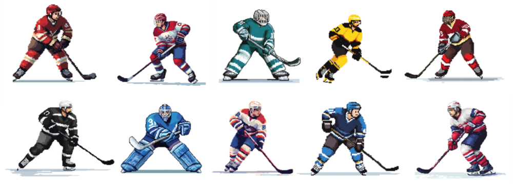 set collection of pixelated 2D ice hockey player and goalie isolated  white background. arcade video retro or vintage game graphics style as design pattern. 80s cult concept