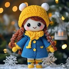 amigurumi doll in blue coat and yellow hat