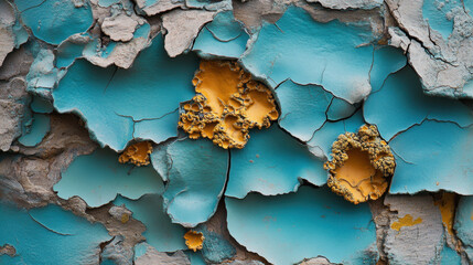 Obraz premium A close-up of peeling paint reveals a vibrant blue and contrasting yellow interior, showcasing texture and decay on a weathered surface.