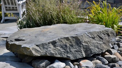 flat stone podium on a rock platform serves as a stylish showcase against a backdrop of verdant forest scenery