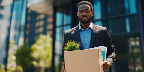 Sad African American employee holding a paper box with personal belongings and leaving office after...