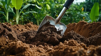 A garden trowel with a sturdy handle and a slightly worn metal blade, ideal for digging and loosening soil, with bits of soil clinging to the blade, suggesting recent use in gardening.