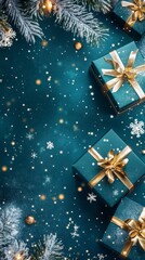 Beautifully wrapped teal holiday gifts with decorations on a textured blue surface