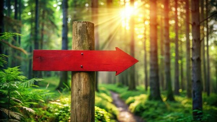 Fototapeta premium Rustic Wooden Signpost with Red Arrow in Lush Green Forest for Adventure and Navigation