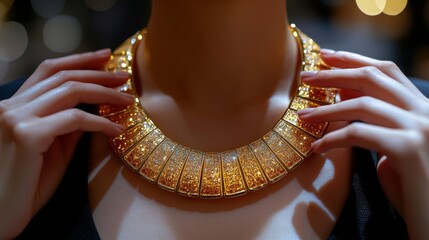 Elegant hands displaying a gold necklace.