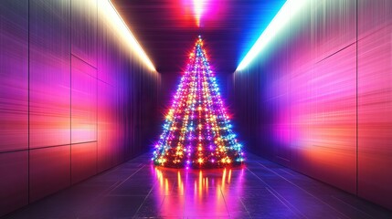 Minimalistic chrome Christmas tree, multicolored LED lights glowing in geometric patterns, set in a sleek, metallic room. Sci-fi, neon palette, high contrast lighting, ultra-modern