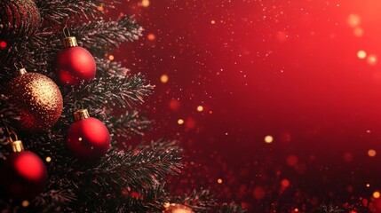 Christmas tree with toys and glitter, on a red Christmas background