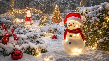 Obraz premium A playful snowman in a Santa hat, standing in a snowy backyard filled with Christmas decorations and twinkling lights.