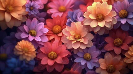 Obraz premium Colorful arrangement of various flowers in shades of purple, pink, and orange in springtime bloom