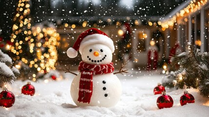 Obraz premium A playful snowman in a Santa hat, standing in a snowy backyard filled with Christmas decorations and twinkling lights.
