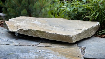 flat stone podium on a rock platform serves as a stylish showcase against a backdrop of verdant forest scenery