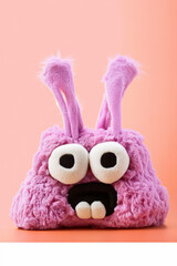 Image of a funny Monster looking dumpling bag with a soft, colorfull, puffed shape, against a minimalistic background.